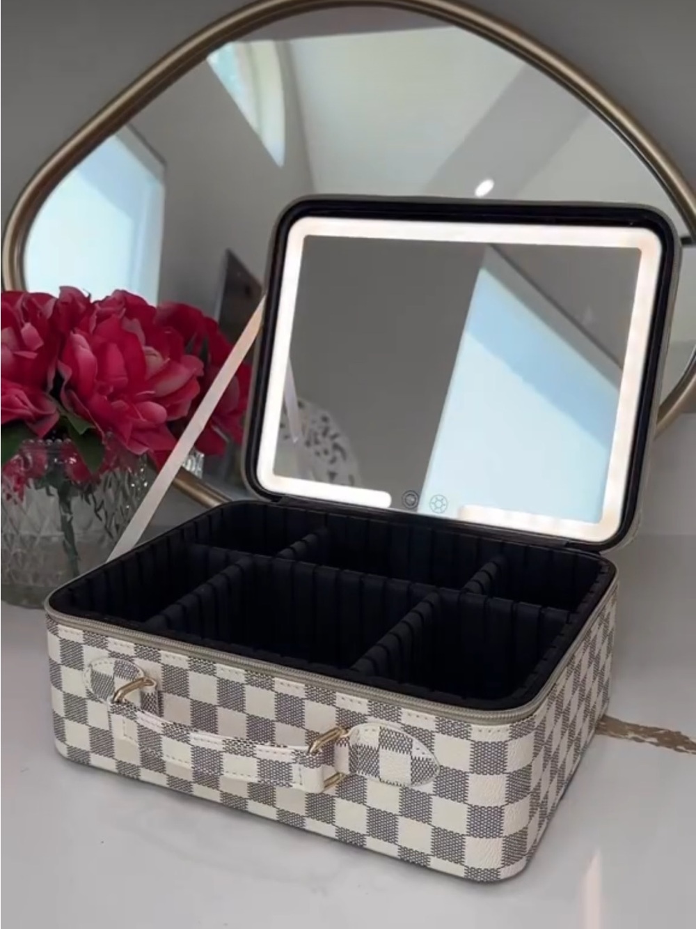 Luxury Check Pattern Jewelry Makeup Storage Box with Mirror - Damier